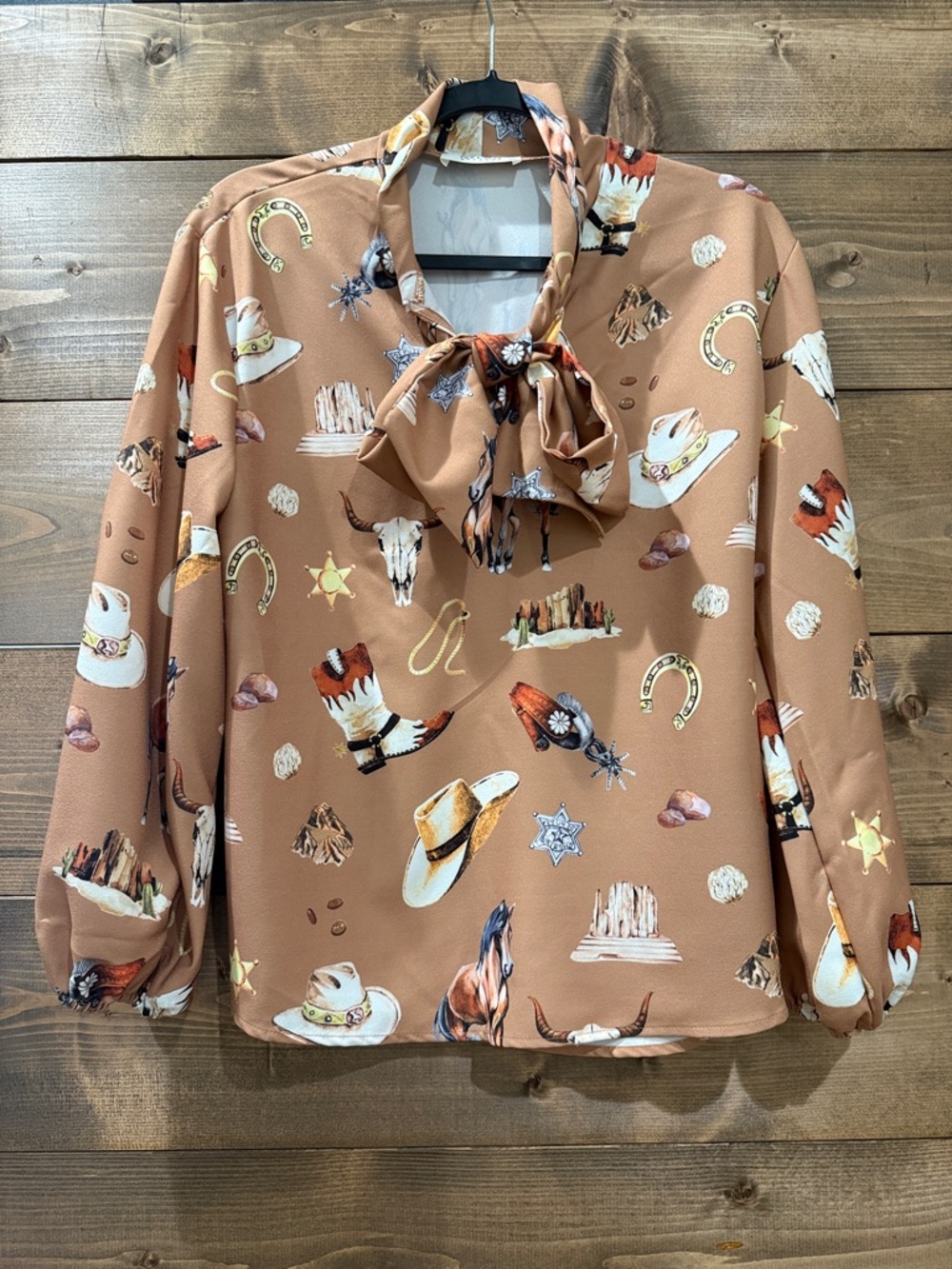 Western Motif Tie Front Blouse in Camel